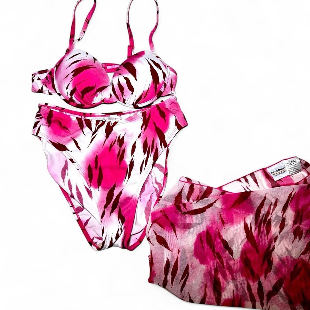 vintage Y2K 90s Sun Streak rare pink zebra print bikini set w matching coverup